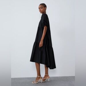 Zara Puff Sleeve Black Tiered Midi Dress